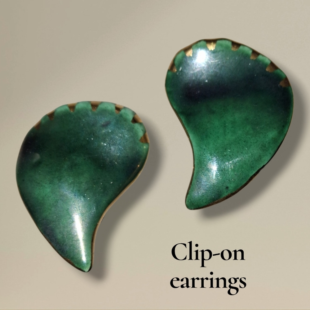 Artisan Ceramic Green And Gold Enamel Clip On Vintage Earrings